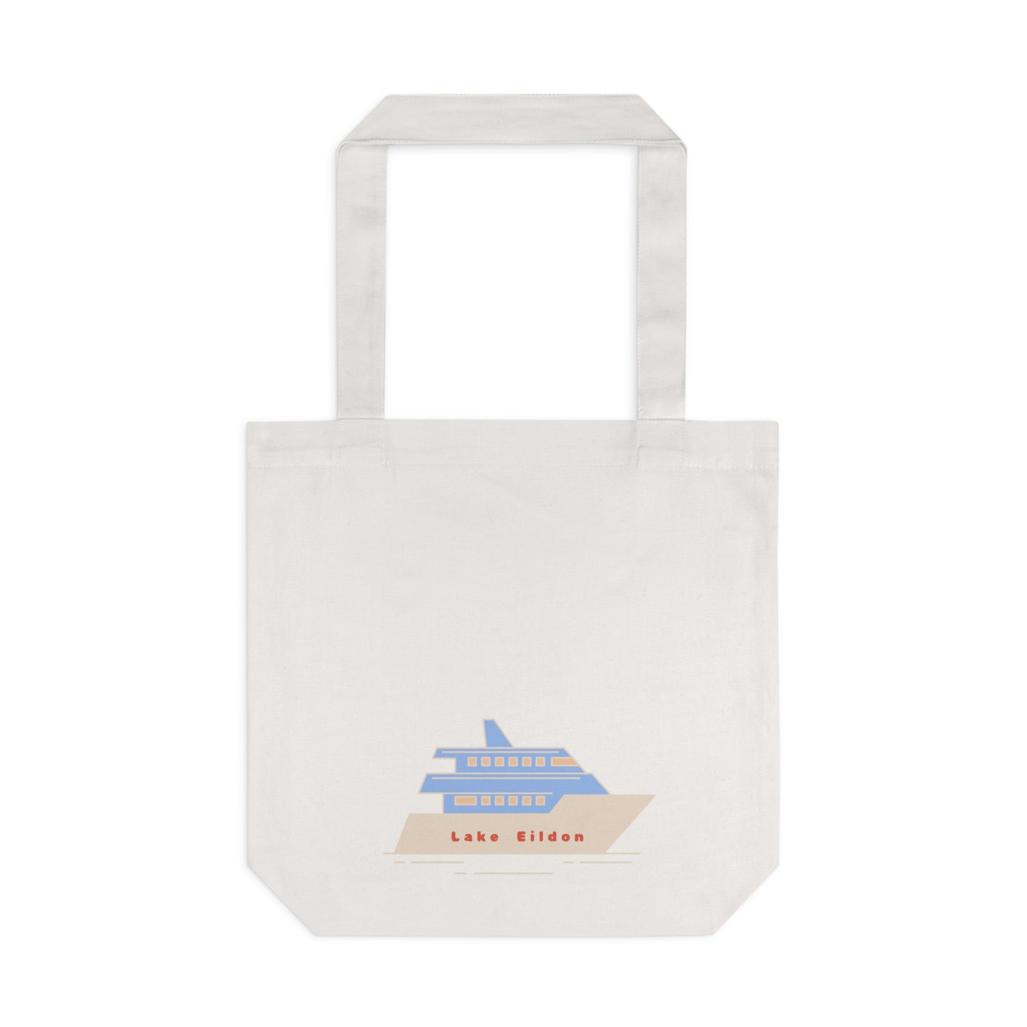 Lake Eildon Houseboat Cotton Tote Bag, Blue and Peach on Beige