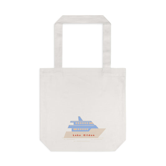 Lake Eildon Houseboat Cotton Tote Bag, Blue and Peach on Beige