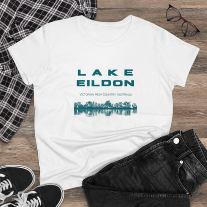 Women's Lake Eildon Reflection T-shirt, Green Print on White