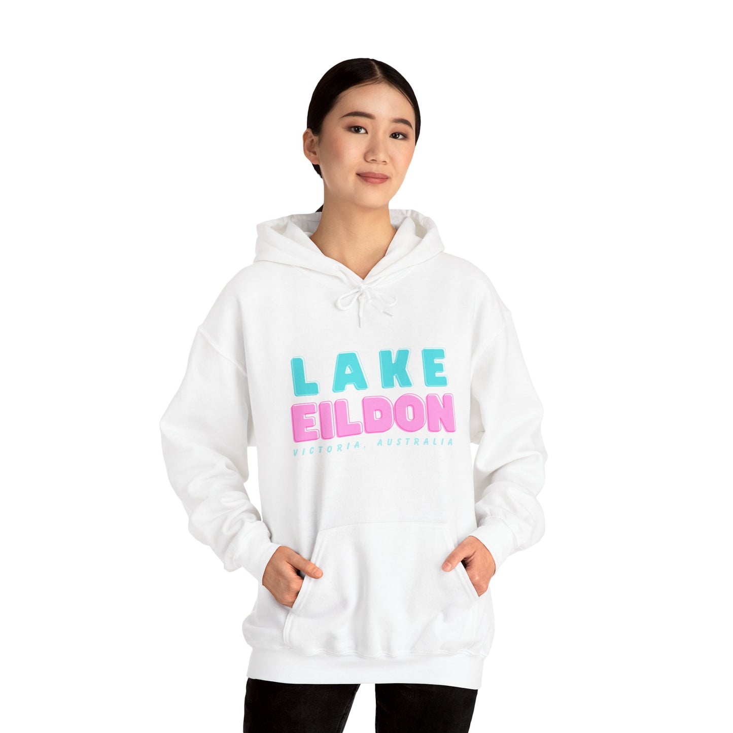 Lake Eildon Hoodie, Pastel Pink and Blue on White