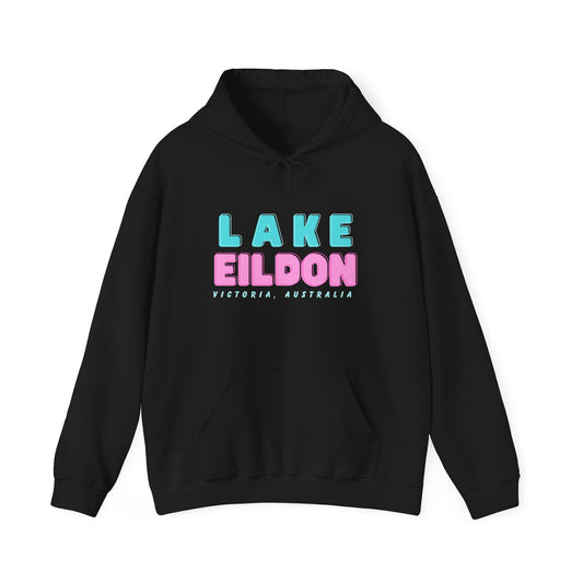 Lake Eildon Hoodie, Pastel Pink and Blue on Black