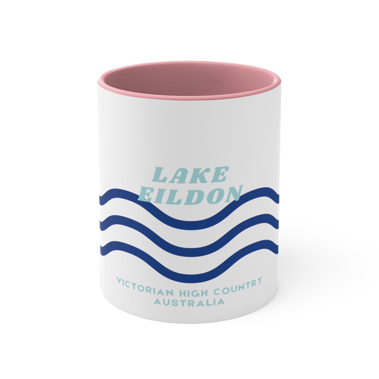 Lake Eildon colour contrast coffee mug, with navy and blue wave design