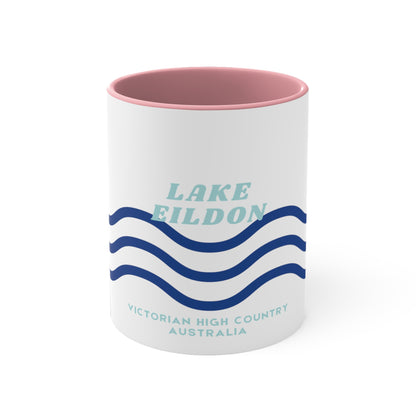 Lake Eildon colour contrast coffee mug, with navy and blue wave design