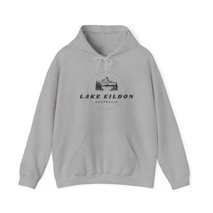 Lake Eildon Hoodie, Lake Scene in Black on Grey