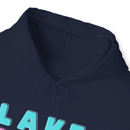 Lake Eildon Hoodie, Pastel Pink and Blue on Navy