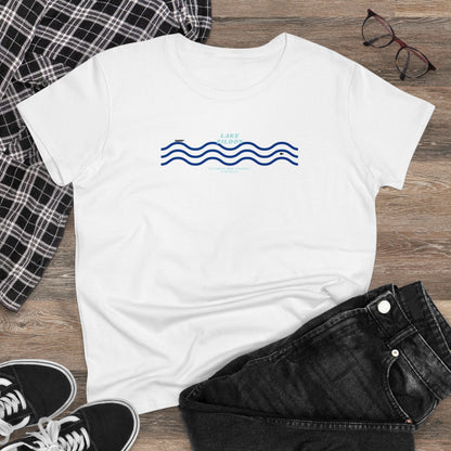 Women's Lake Eildon Wavy T-shirt, Blue Print on White