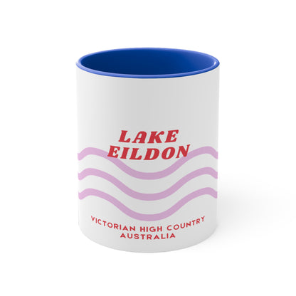 Lake Eildon colour contrast coffee mug, with pink and red wave design