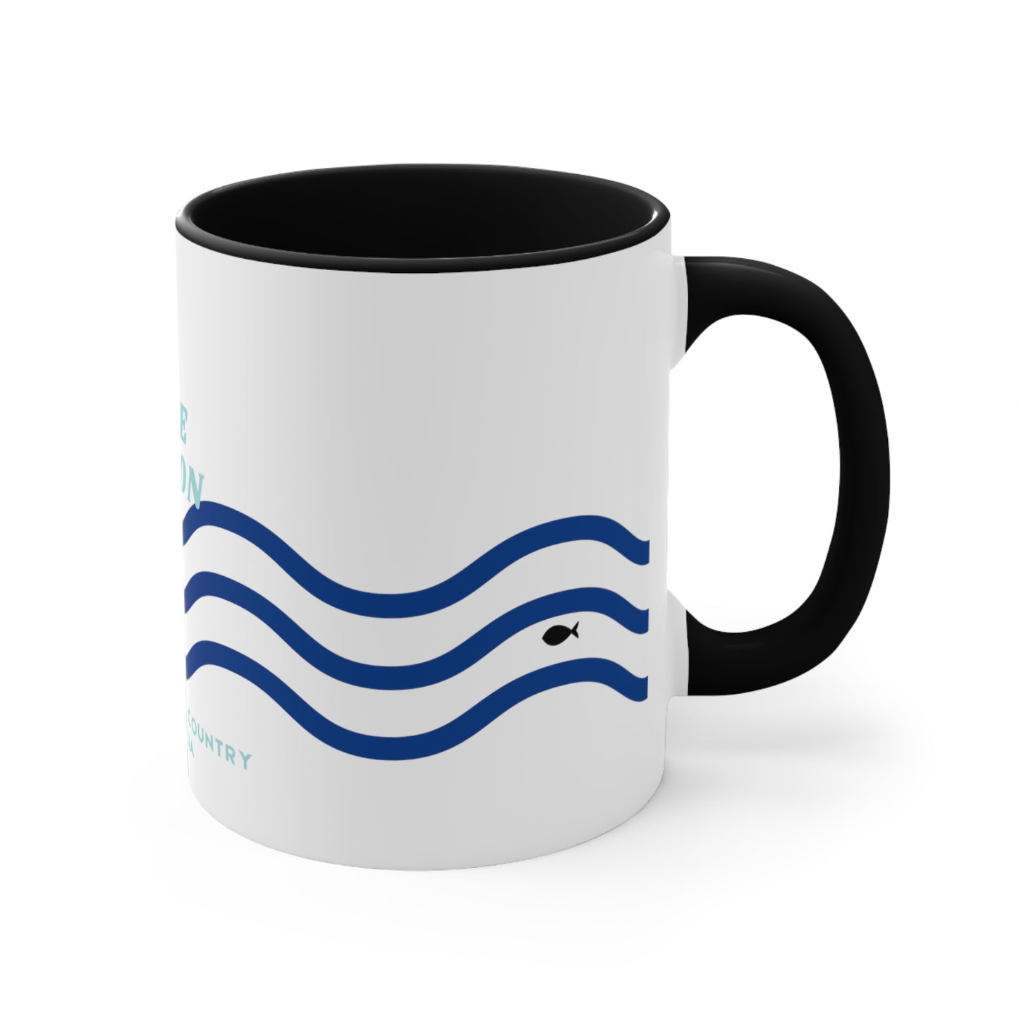 Lake Eildon colour contrast coffee mug, with navy and blue wave design