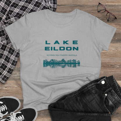 Women's Lake Eildon Reflection T-shirt, Green Print on Grey