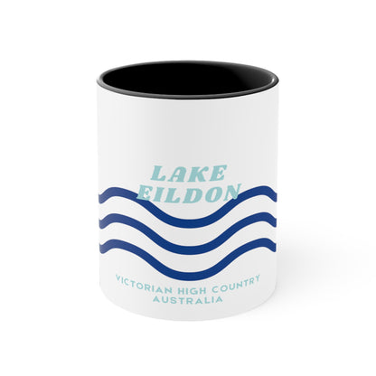 Lake Eildon colour contrast coffee mug, with navy and blue wave design