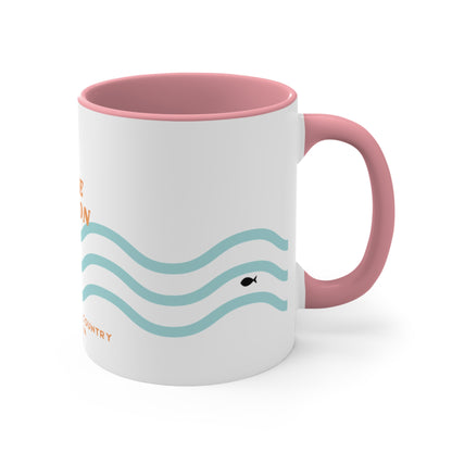 Lake Eildon colour contrast coffee mug, with orange and blue wave design