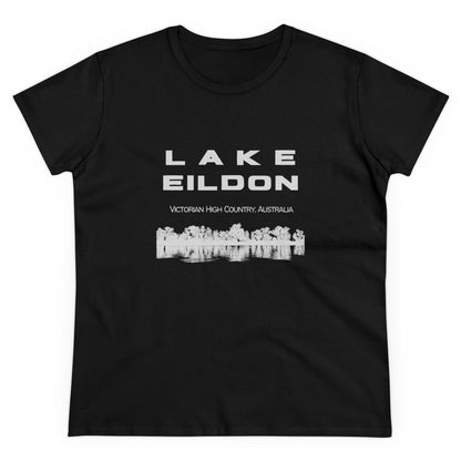 Women's Lake Eildon Reflection T-shirt, White-Grey Print on Black