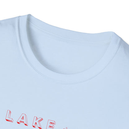 Lake Eildon Ski Boat T-Shirt, Red on Blue