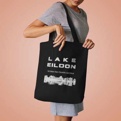 Lake Eildon Reflection, Cotton Tote Bag, Grey on Black