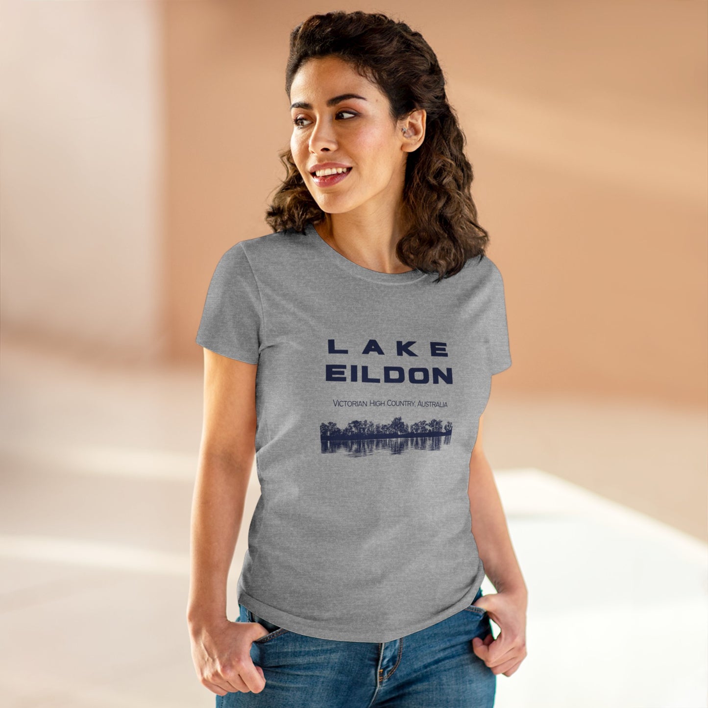 Women's Lake Eildon Reflection T-shirt, Navy Print on Grey