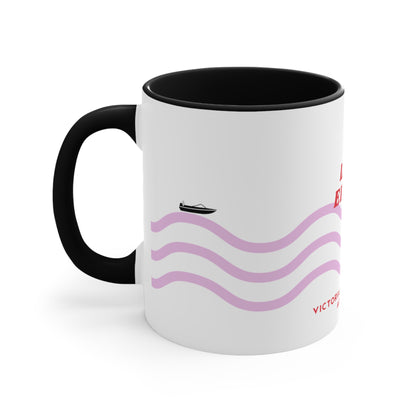 Lake Eildon colour contrast coffee mug, with pink and red wave design