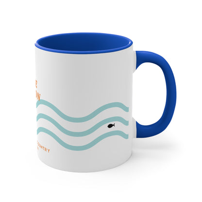 Lake Eildon colour contrast coffee mug, with orange and blue wave design