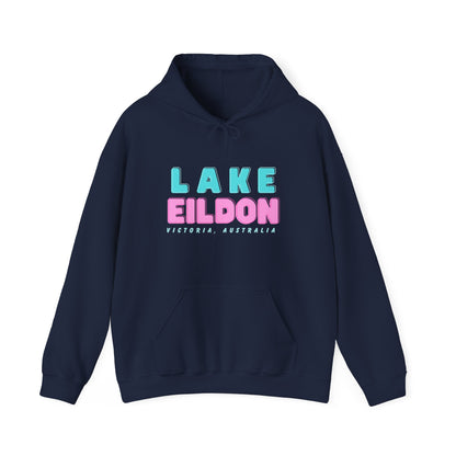 Lake Eildon Hoodie, Pastel Pink and Blue on Navy