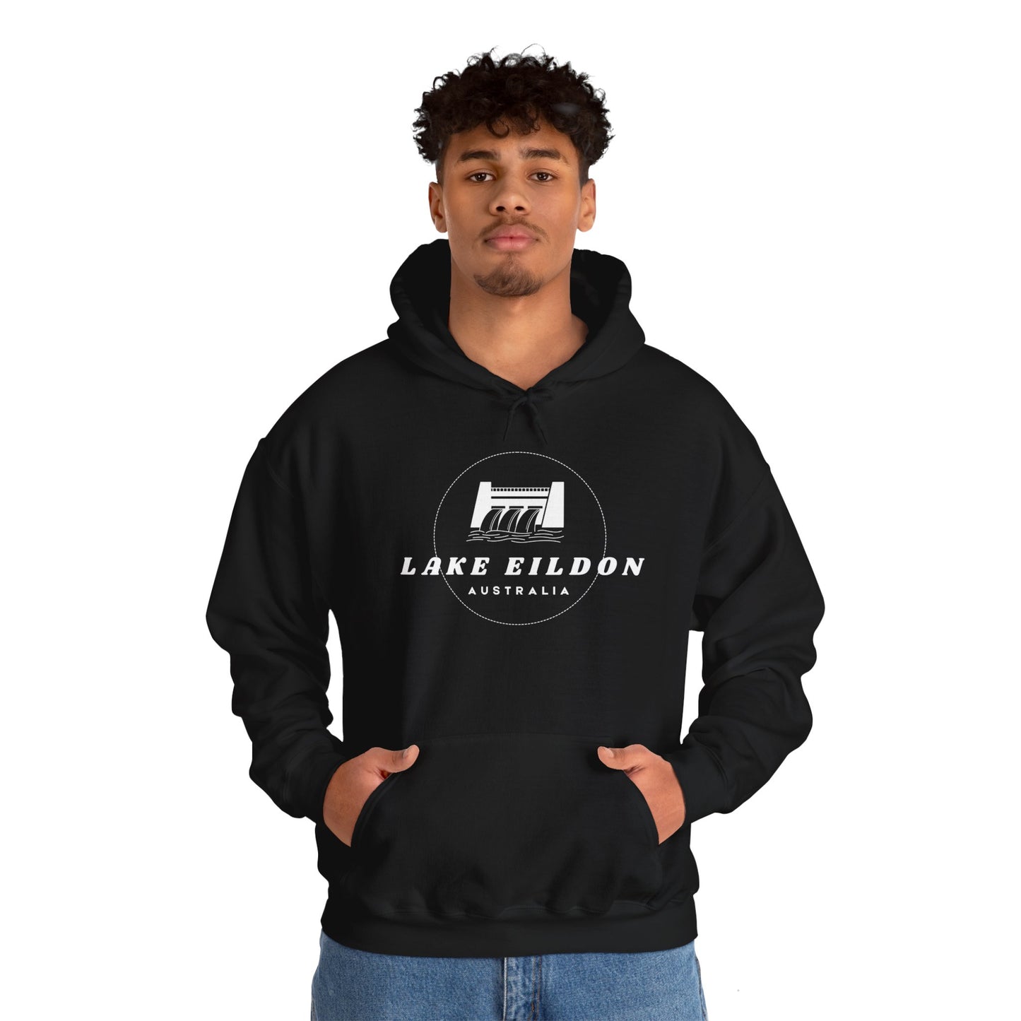 Lake Eildon Hoodie, Spillway in White on Black