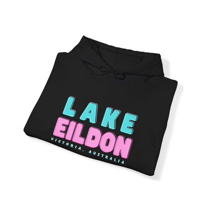 Lake Eildon Hoodie, Pastel Pink and Blue on Black