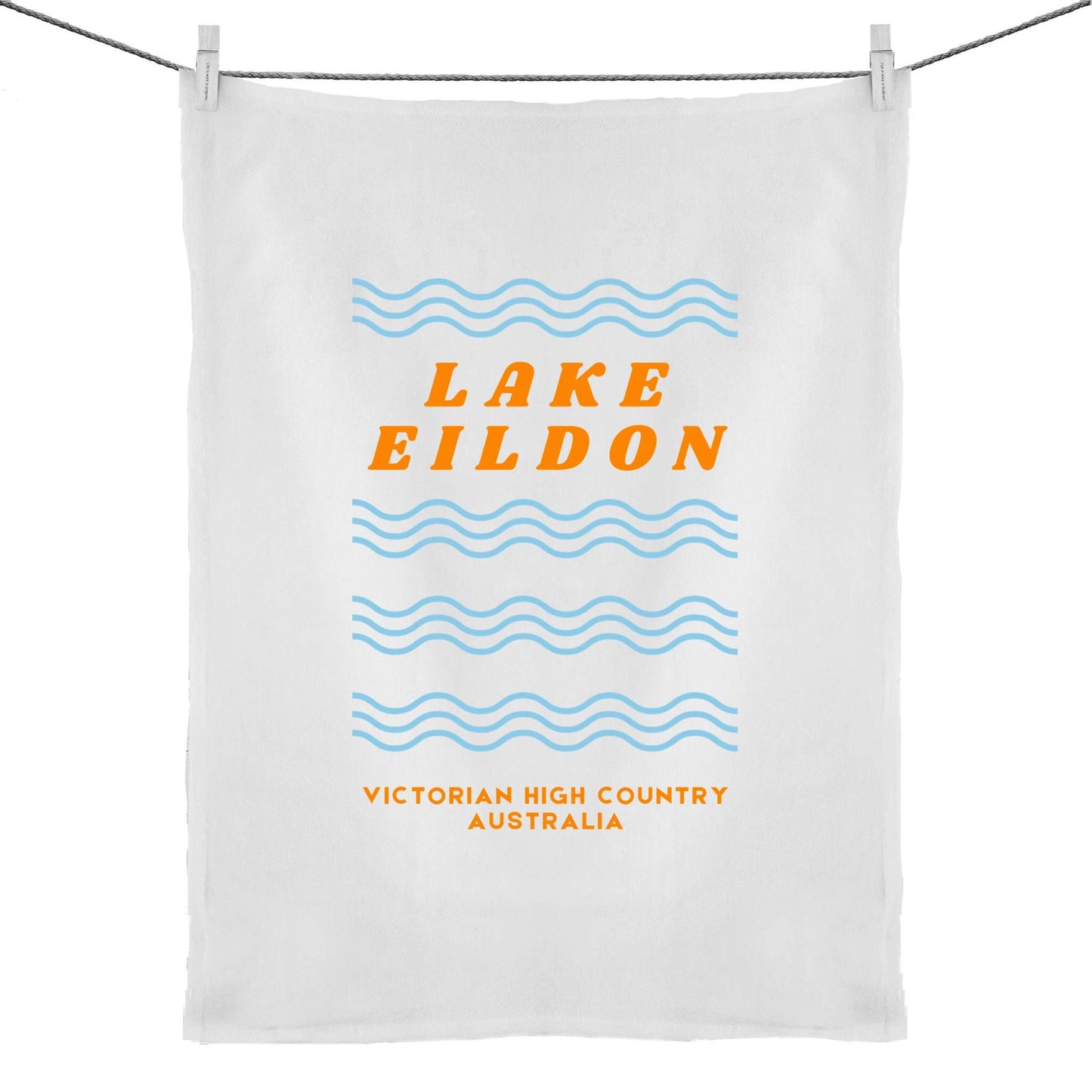 Lake Eildon waves tea towel, blue and orange, organic cotton and linen, free shipping