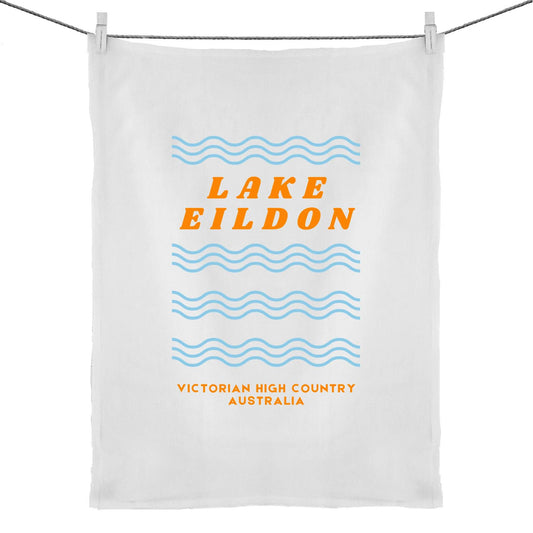 Lake Eildon waves tea towel, blue and orange, organic cotton and linen, free shipping