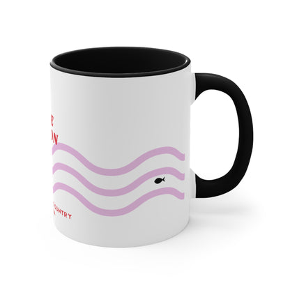 Lake Eildon colour contrast coffee mug, with pink and red wave design