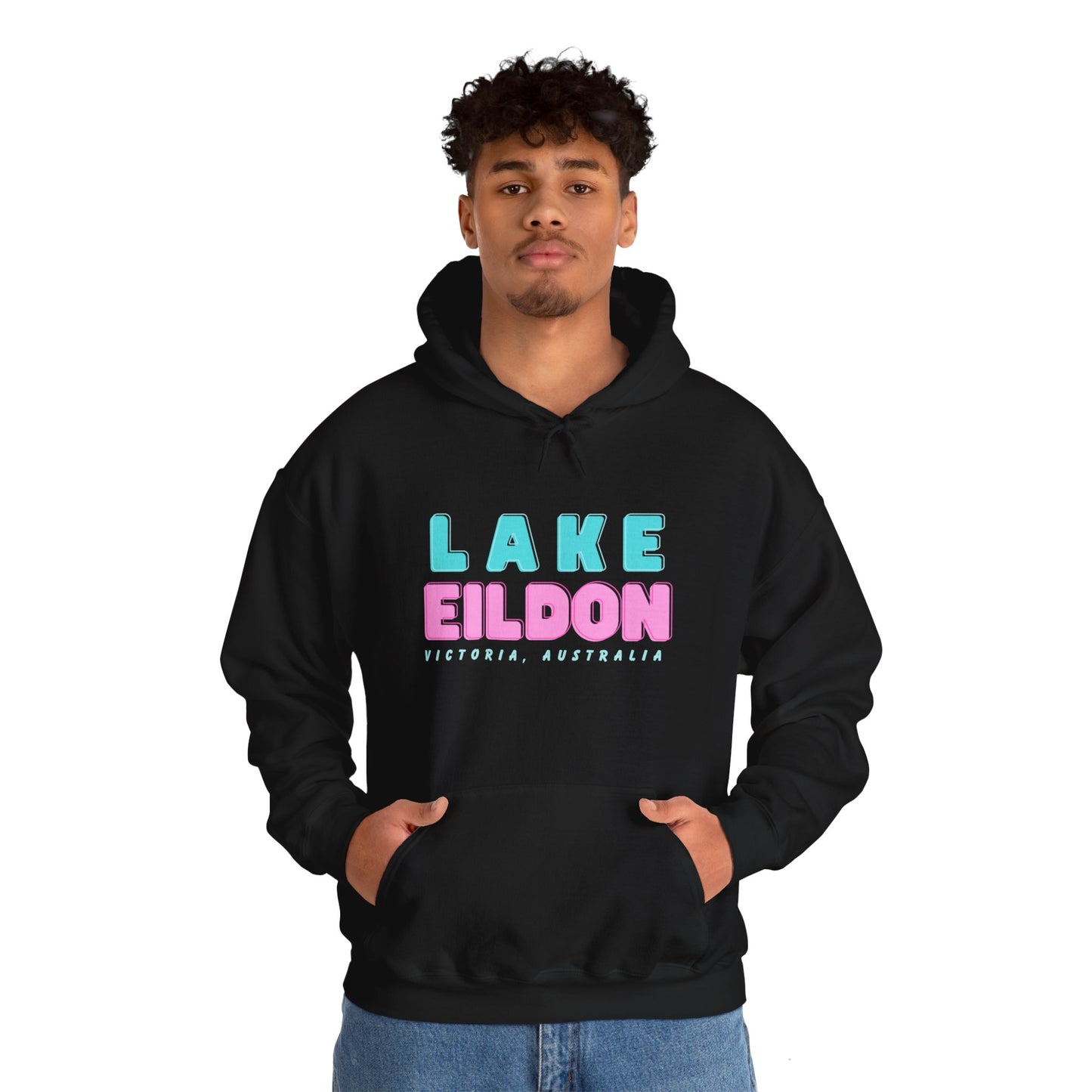 Lake Eildon Hoodie, Pastel Pink and Blue on Black