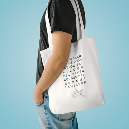 Lake Eildon Locations, Cotton Tote Bag, Black Text on Beige