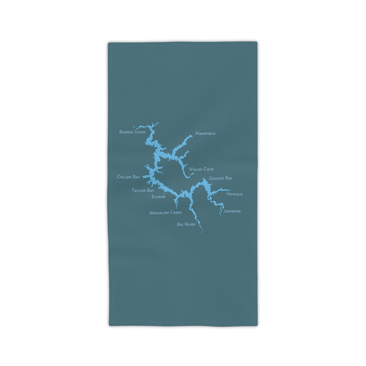 Lake Eildon Map Beach Towel, Blue on Teal