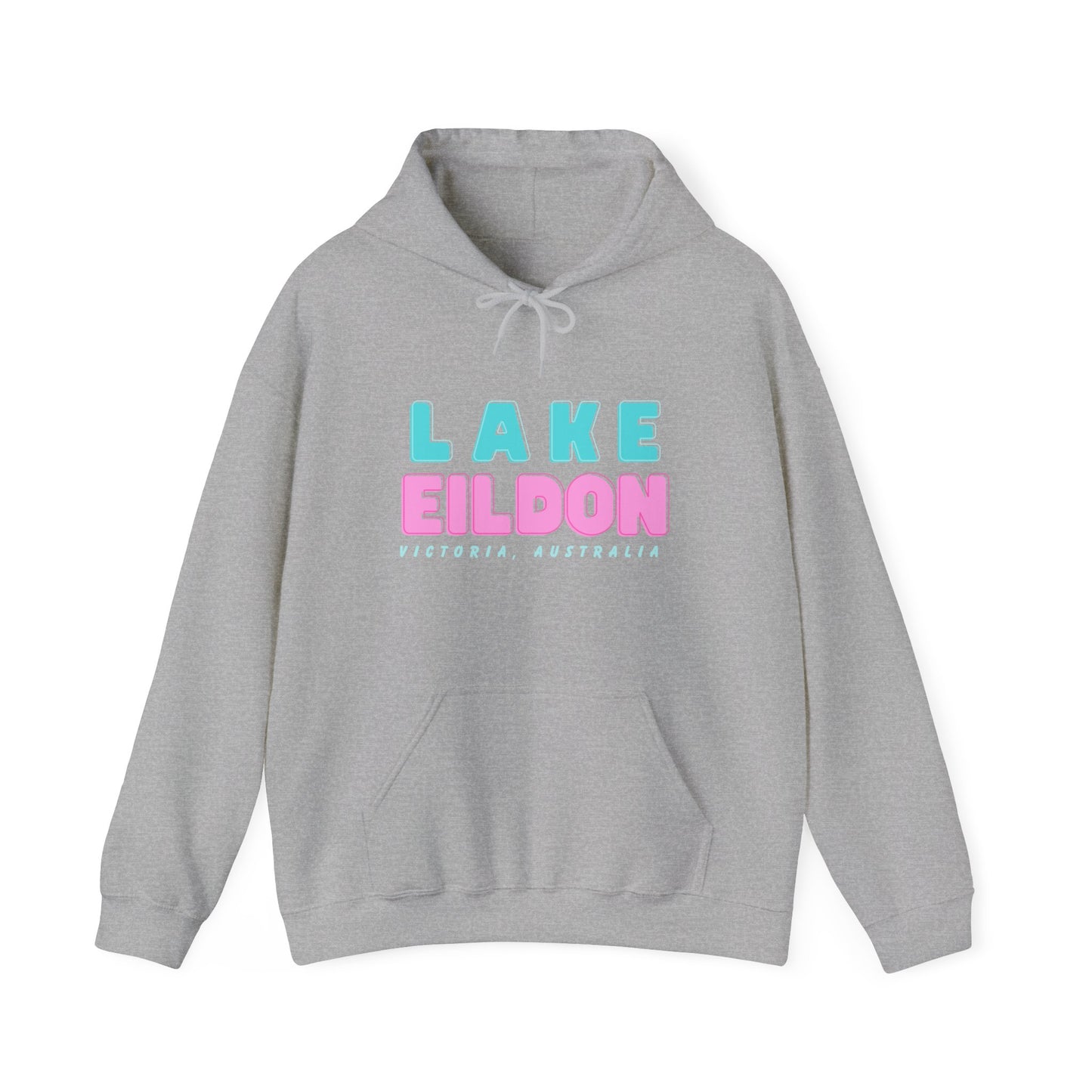 Lake Eildon Hoodie, Pastel Pink and Blue on Grey