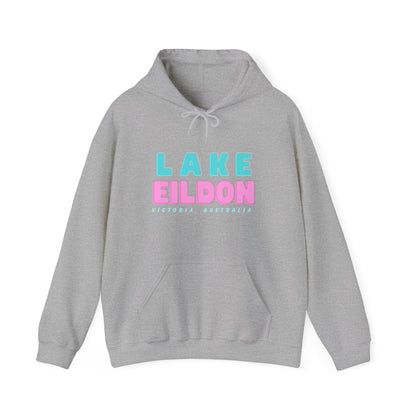 Lake Eildon Hoodie, Pastel Pink and Blue on Grey