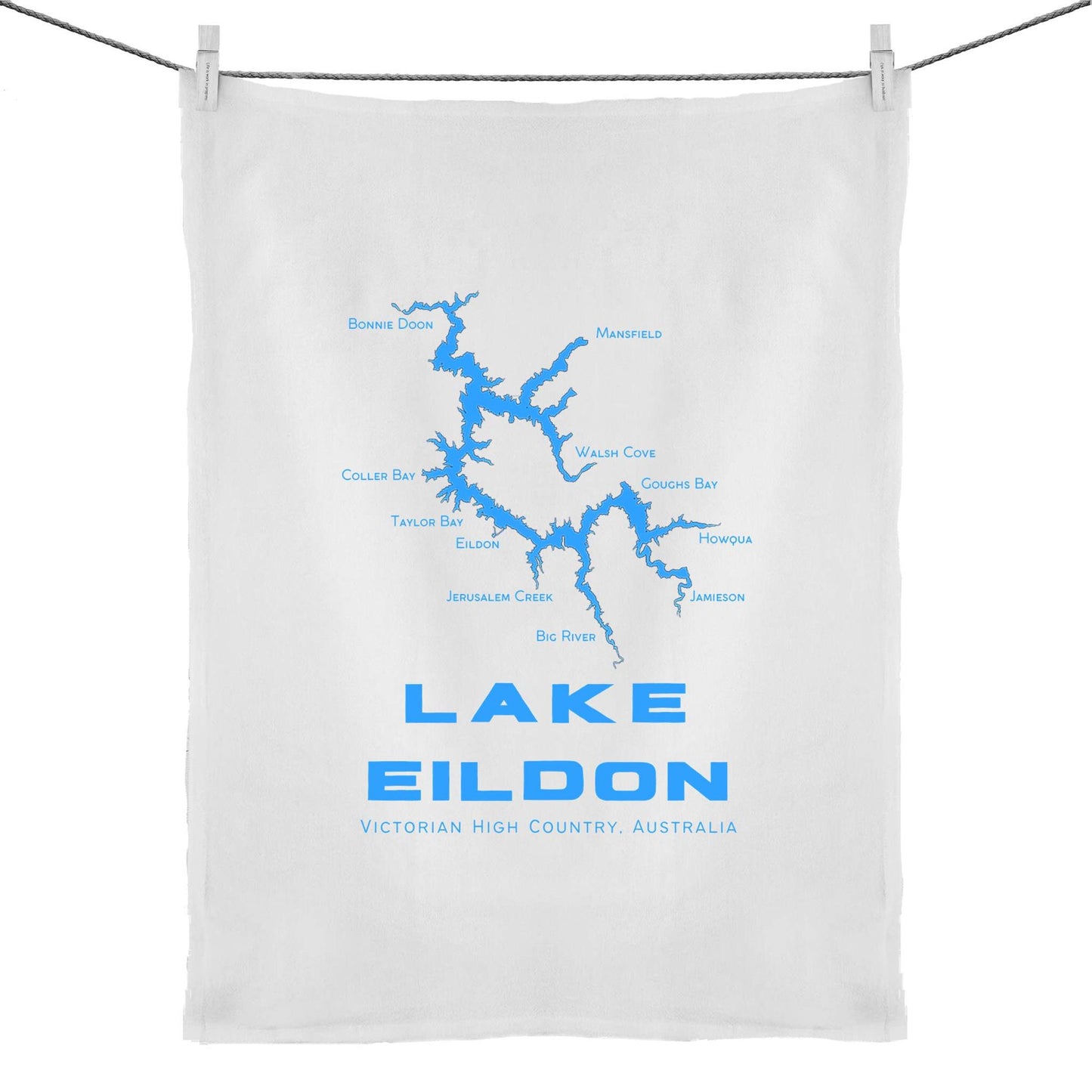 Lake Eildon map tea towel, light blues, organic cotton and linen, free shipping