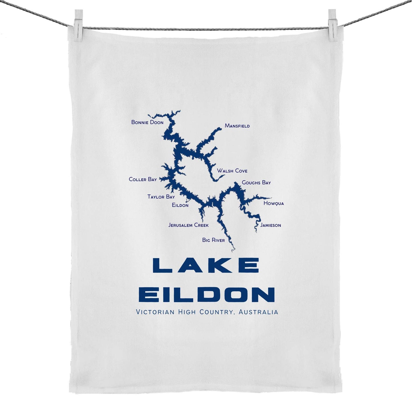 Lake Eildon map tea towel, dark blues, organic cotton and linen, free shipping